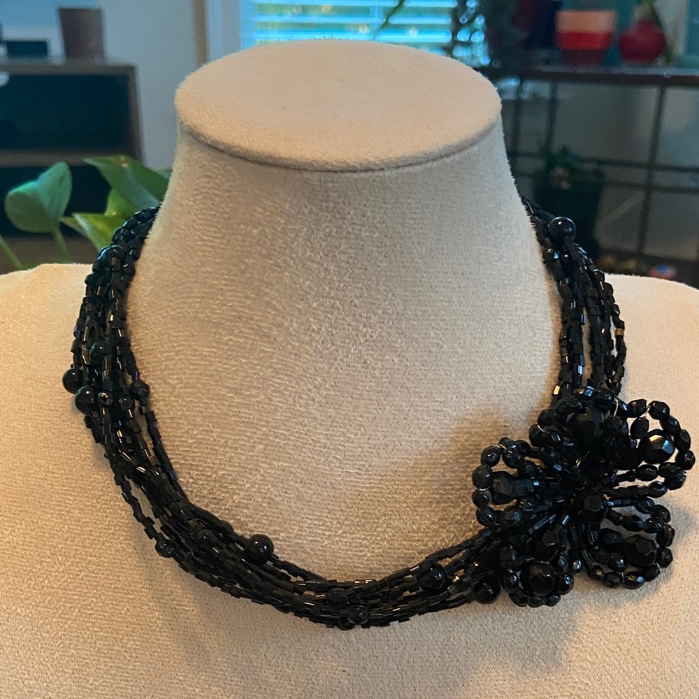 Source Unknown Black Beaded Necklace With Floral … - image 2